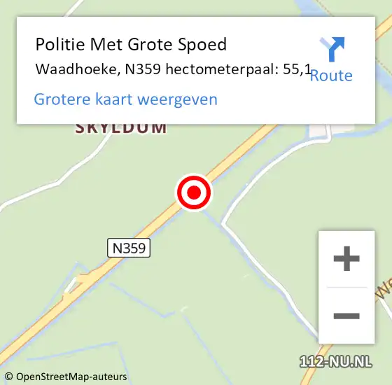 Locatie op kaart van de 112 melding: Politie Met Grote Spoed Naar Waadhoeke, N359 hectometerpaal: 55,1 op 11 november 2022 23:46