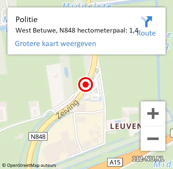 Locatie op kaart van de 112 melding: Politie West Betuwe, N848 hectometerpaal: 1,4 op 12 november 2022 03:40