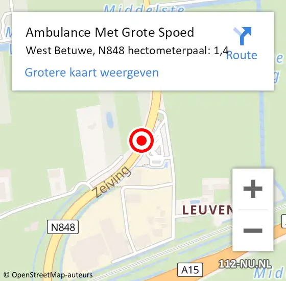 Locatie op kaart van de 112 melding: Ambulance Met Grote Spoed Naar West Betuwe, N848 hectometerpaal: 1,4 op 12 november 2022 03:40