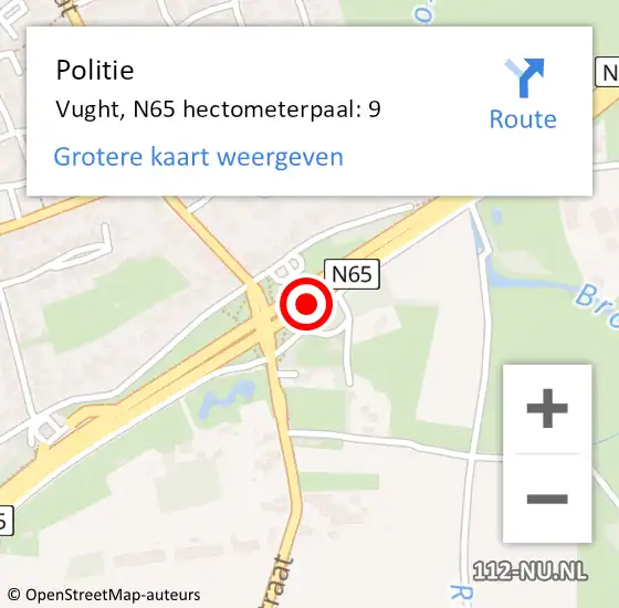 Locatie op kaart van de 112 melding: Politie Vught, N65 hectometerpaal: 9 op 12 november 2022 07:12