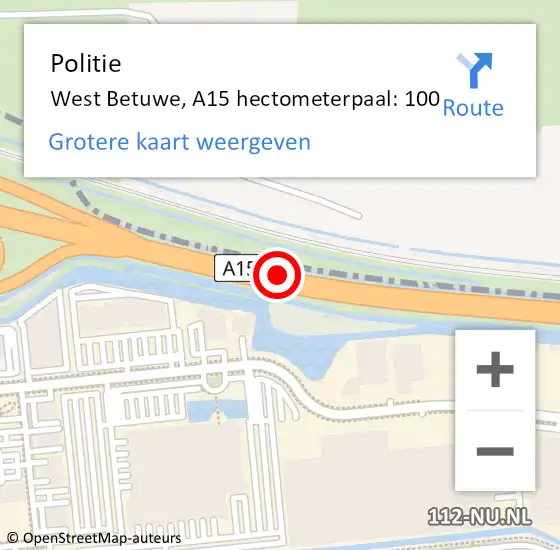 Locatie op kaart van de 112 melding: Politie West Betuwe, A15 hectometerpaal: 100 op 12 november 2022 07:53