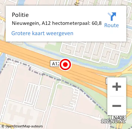 Locatie op kaart van de 112 melding: Politie Nieuwegein, A12 hectometerpaal: 60,8 op 12 november 2022 11:34