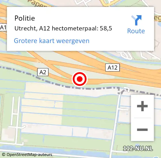 Locatie op kaart van de 112 melding: Politie Utrecht, A12 hectometerpaal: 58,5 op 12 november 2022 11:36