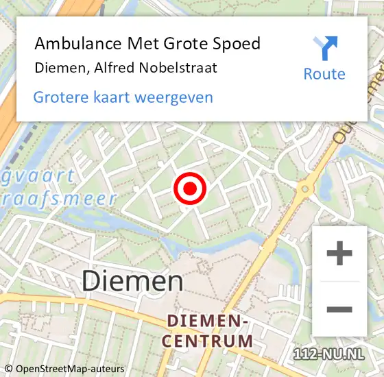 Locatie op kaart van de 112 melding: Ambulance Met Grote Spoed Naar Diemen, Alfred Nobelstraat op 12 november 2022 12:29