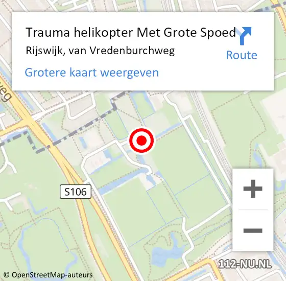 Locatie op kaart van de 112 melding: Trauma helikopter Met Grote Spoed Naar Rijswijk, van Vredenburchweg op 12 november 2022 13:18