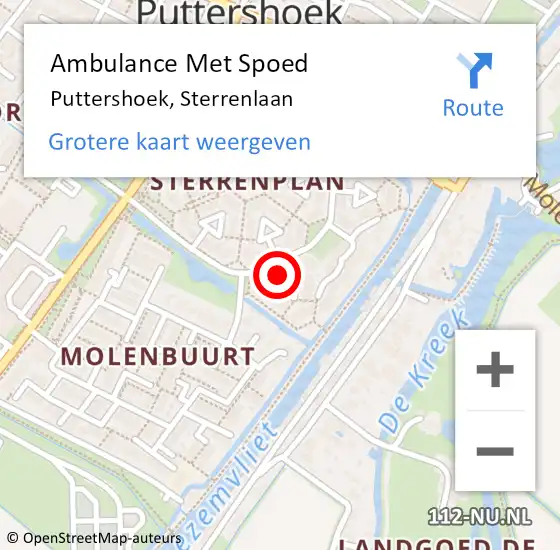 Locatie op kaart van de 112 melding: Ambulance Met Spoed Naar Puttershoek, Sterrenlaan op 12 november 2022 14:05