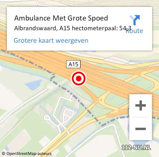 Locatie op kaart van de 112 melding: Ambulance Met Grote Spoed Naar Albrandswaard, A15 hectometerpaal: 54,3 op 12 november 2022 17:45