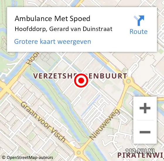 Locatie op kaart van de 112 melding: Ambulance Met Spoed Naar Hoofddorp, Gerard van Duinstraat op 12 november 2022 18:01