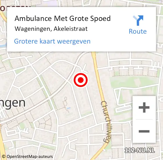 Locatie op kaart van de 112 melding: Ambulance Met Grote Spoed Naar Wageningen, Akeleistraat op 12 november 2022 19:56