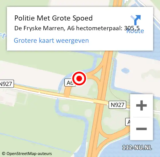 Locatie op kaart van de 112 melding: Politie Met Grote Spoed Naar De Fryske Marren, A6 hectometerpaal: 305,5 op 12 november 2022 20:36