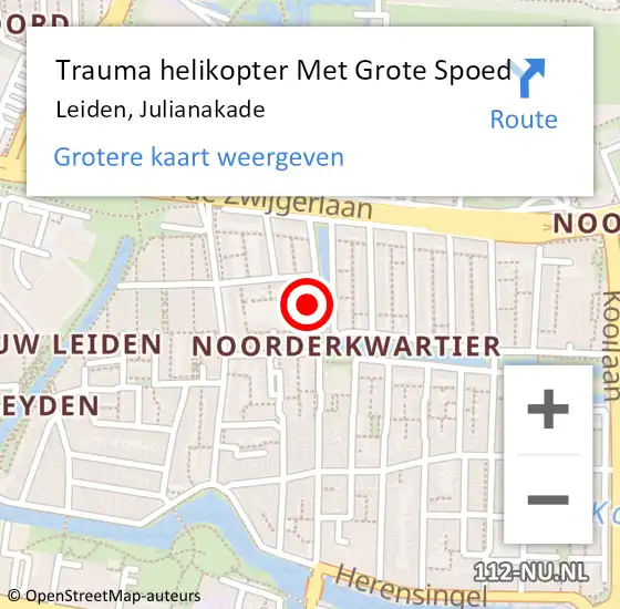 Locatie op kaart van de 112 melding: Trauma helikopter Met Grote Spoed Naar Leiden, Julianakade op 12 november 2022 22:06