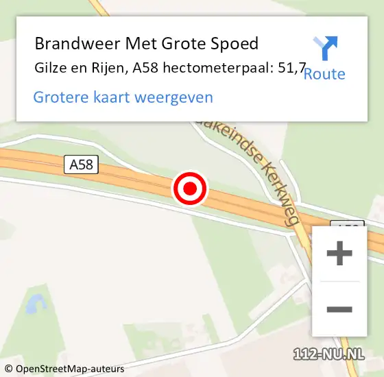 Locatie op kaart van de 112 melding: Brandweer Met Grote Spoed Naar Gilze en Rijen, A58 hectometerpaal: 51,7 op 12 november 2022 22:19