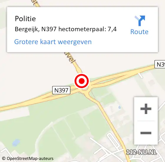 Locatie op kaart van de 112 melding: Politie Bergeijk, N397 hectometerpaal: 7,4 op 12 november 2022 23:59