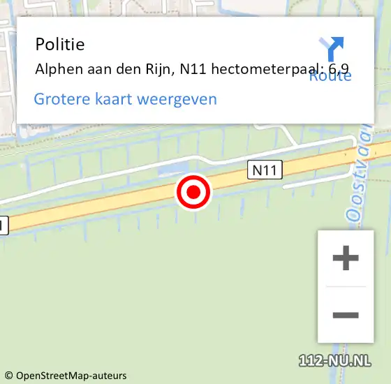 Locatie op kaart van de 112 melding: Politie Alphen aan den Rijn, N11 hectometerpaal: 6,9 op 13 november 2022 01:46