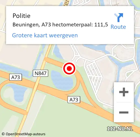 Locatie op kaart van de 112 melding: Politie Beuningen, A73 hectometerpaal: 111,5 op 13 november 2022 06:52