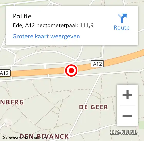 Locatie op kaart van de 112 melding: Politie Ede, A12 hectometerpaal: 111,9 op 13 november 2022 08:58