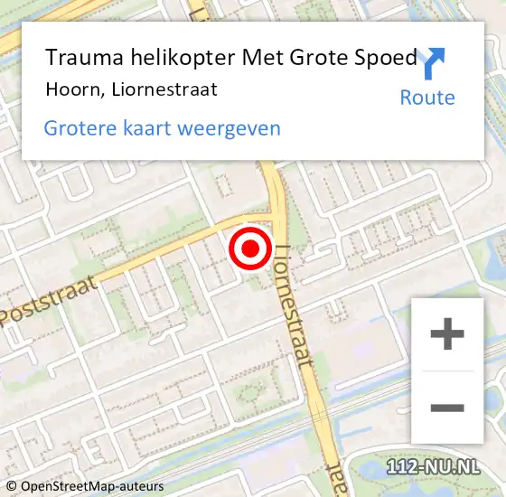 Locatie op kaart van de 112 melding: Trauma helikopter Met Grote Spoed Naar Hoorn, Liornestraat op 13 november 2022 13:08