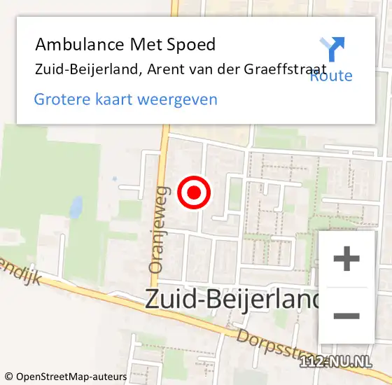 Locatie op kaart van de 112 melding: Ambulance Met Spoed Naar Zuid-Beijerland, Arent van der Graeffstraat op 13 november 2022 16:05