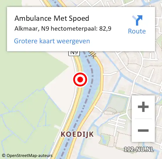 Locatie op kaart van de 112 melding: Ambulance Met Spoed Naar Alkmaar, N9 hectometerpaal: 82,9 op 13 november 2022 16:26