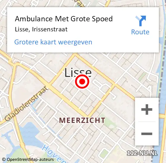 Locatie op kaart van de 112 melding: Ambulance Met Grote Spoed Naar Lisse, Irissenstraat op 13 november 2022 16:52