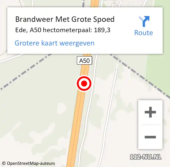 Locatie op kaart van de 112 melding: Brandweer Met Grote Spoed Naar Ede, A50 hectometerpaal: 189,3 op 13 november 2022 23:45