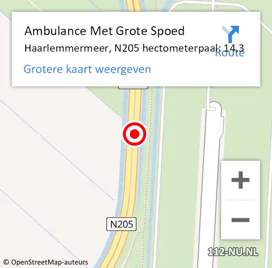 Locatie op kaart van de 112 melding: Ambulance Met Grote Spoed Naar Haarlemmermeer, N205 hectometerpaal: 14,3 op 14 november 2022 02:14