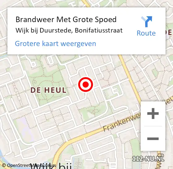 Locatie op kaart van de 112 melding: Brandweer Met Grote Spoed Naar Wijk bij Duurstede, Bonifatiusstraat op 14 november 2022 03:12