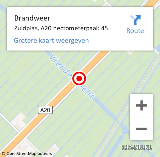 Locatie op kaart van de 112 melding: Brandweer Zuidplas, A20 hectometerpaal: 45 op 14 november 2022 06:50