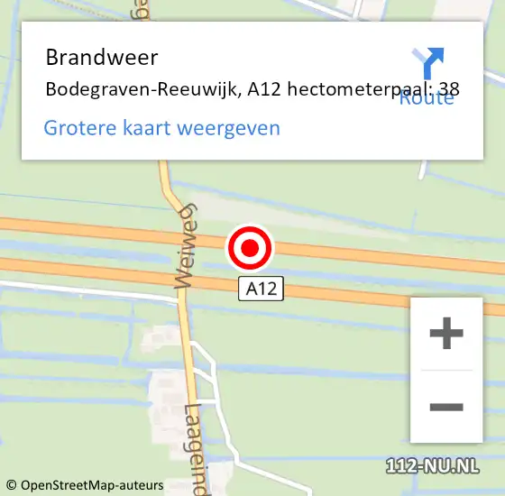 Locatie op kaart van de 112 melding: Brandweer Bodegraven-Reeuwijk, A12 hectometerpaal: 38 op 14 november 2022 10:07