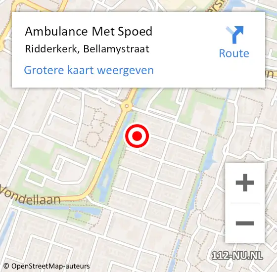 Locatie op kaart van de 112 melding: Ambulance Met Spoed Naar Ridderkerk, Bellamystraat op 14 november 2022 10:22
