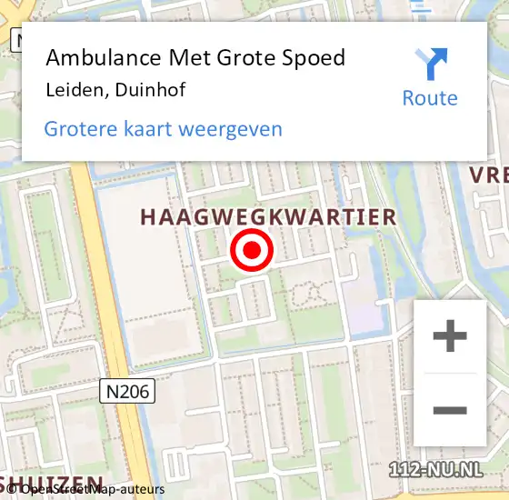 Locatie op kaart van de 112 melding: Ambulance Met Grote Spoed Naar Leiden, Duinhof op 14 november 2022 13:29