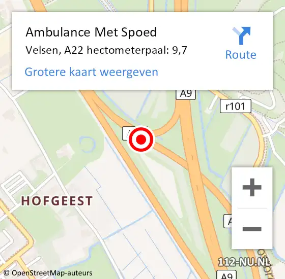 Locatie op kaart van de 112 melding: Ambulance Met Spoed Naar Velsen, A22 hectometerpaal: 9,7 op 14 november 2022 14:52