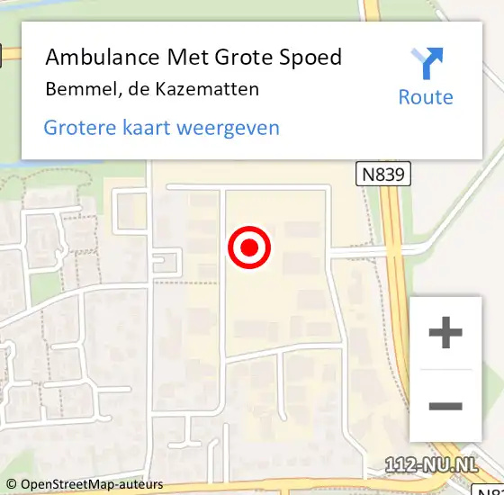 Locatie op kaart van de 112 melding: Ambulance Met Grote Spoed Naar Bemmel, de Kazematten op 14 november 2022 16:00