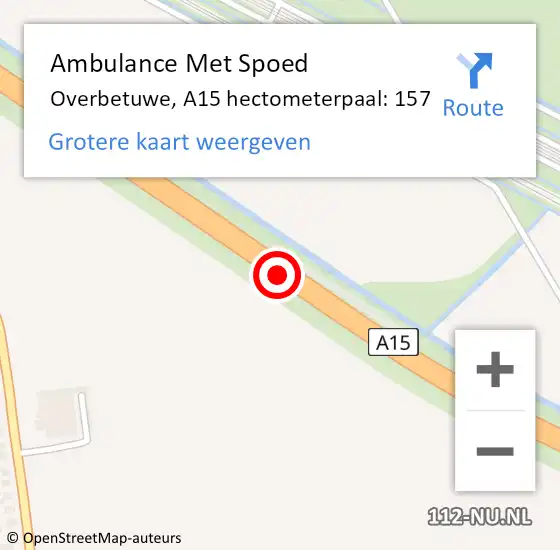 Locatie op kaart van de 112 melding: Ambulance Met Spoed Naar Overbetuwe, A15 hectometerpaal: 157 op 14 november 2022 16:38