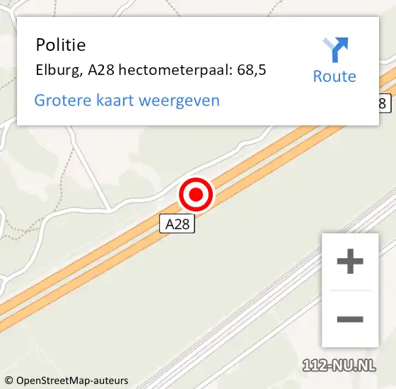 Locatie op kaart van de 112 melding: Politie Elburg, A28 hectometerpaal: 68,5 op 14 november 2022 17:16