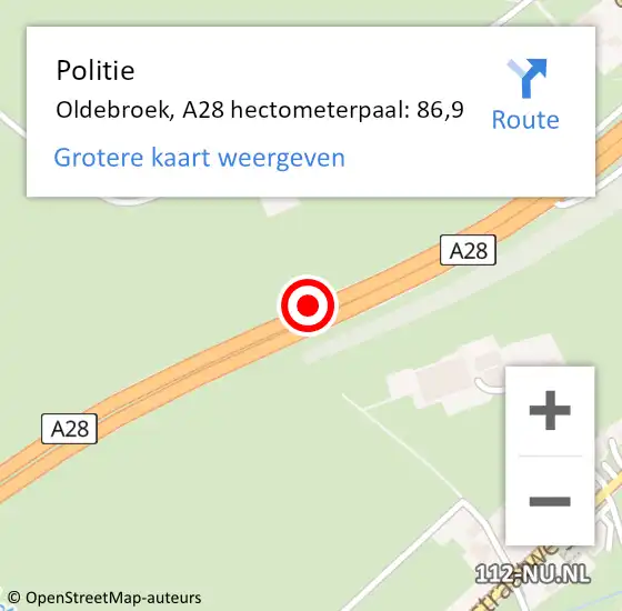 Locatie op kaart van de 112 melding: Politie Oldebroek, A28 hectometerpaal: 86,9 op 14 november 2022 17:35