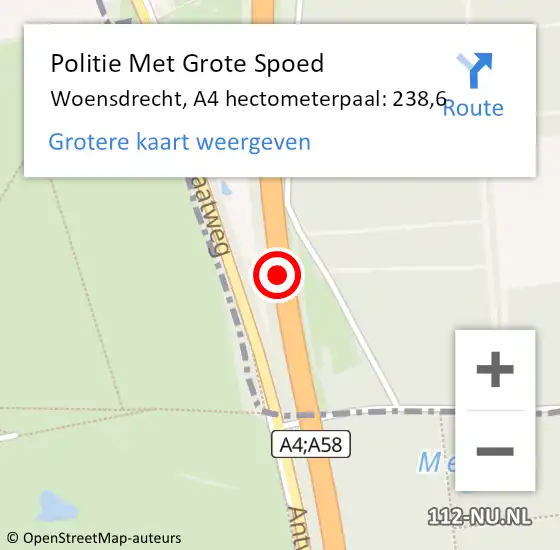 Locatie op kaart van de 112 melding: Politie Met Grote Spoed Naar Woensdrecht, A4 hectometerpaal: 238,6 op 14 november 2022 17:40