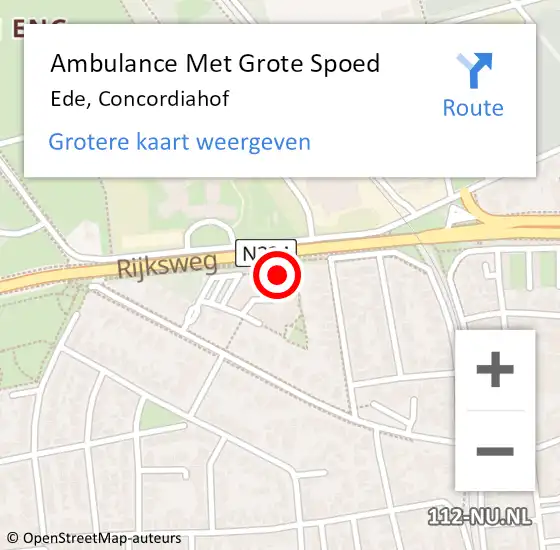 Locatie op kaart van de 112 melding: Ambulance Met Grote Spoed Naar Ede, Concordiahof op 14 november 2022 17:41