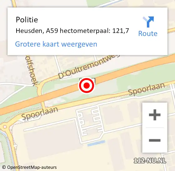 Locatie op kaart van de 112 melding: Politie Heusden, A59 hectometerpaal: 121,7 op 14 november 2022 18:16