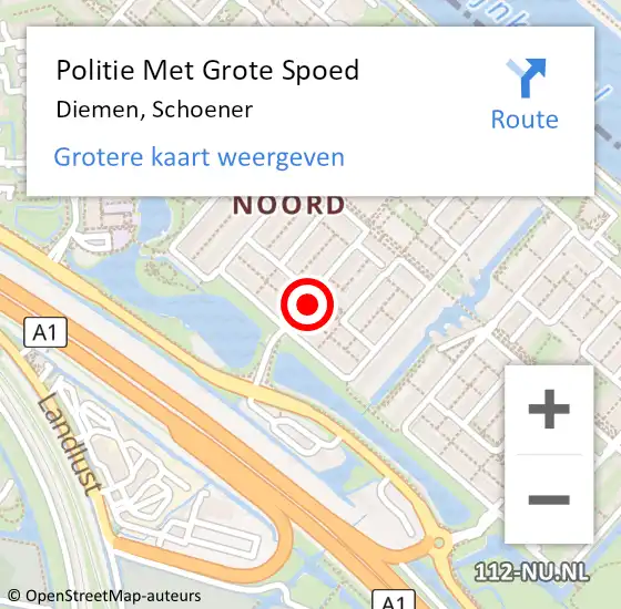 Locatie op kaart van de 112 melding: Politie Met Grote Spoed Naar Diemen, Schoener op 14 november 2022 23:01