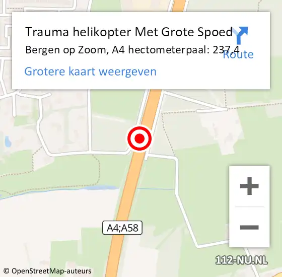 Locatie op kaart van de 112 melding: Trauma helikopter Met Grote Spoed Naar Bergen op Zoom, A4 hectometerpaal: 237,4 op 15 november 2022 00:11