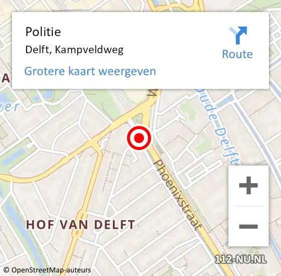 Locatie op kaart van de 112 melding: Politie Delft, Kampveldweg op 15 november 2022 00:43