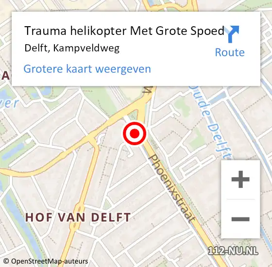 Locatie op kaart van de 112 melding: Trauma helikopter Met Grote Spoed Naar Delft, Kampveldweg op 15 november 2022 00:45