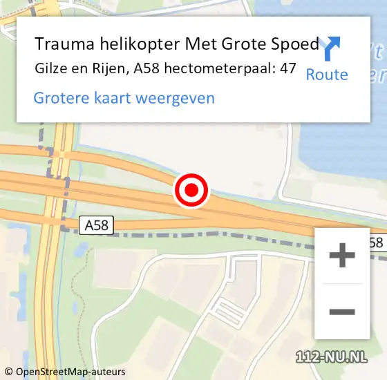 Locatie op kaart van de 112 melding: Trauma helikopter Met Grote Spoed Naar Gilze en Rijen, A58 hectometerpaal: 47 op 15 november 2022 01:35
