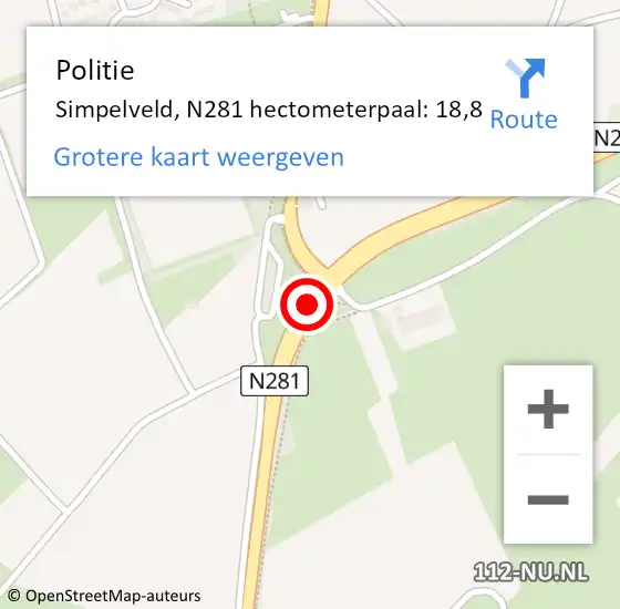 Locatie op kaart van de 112 melding: Politie Simpelveld, N281 hectometerpaal: 18,8 op 15 november 2022 03:56