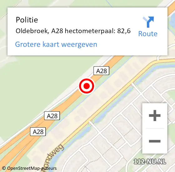 Locatie op kaart van de 112 melding: Politie Oldebroek, A28 hectometerpaal: 82,6 op 15 november 2022 04:58