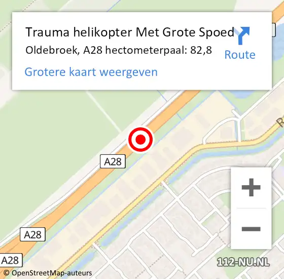 Locatie op kaart van de 112 melding: Trauma helikopter Met Grote Spoed Naar Oldebroek, A28 hectometerpaal: 82,8 op 15 november 2022 05:05