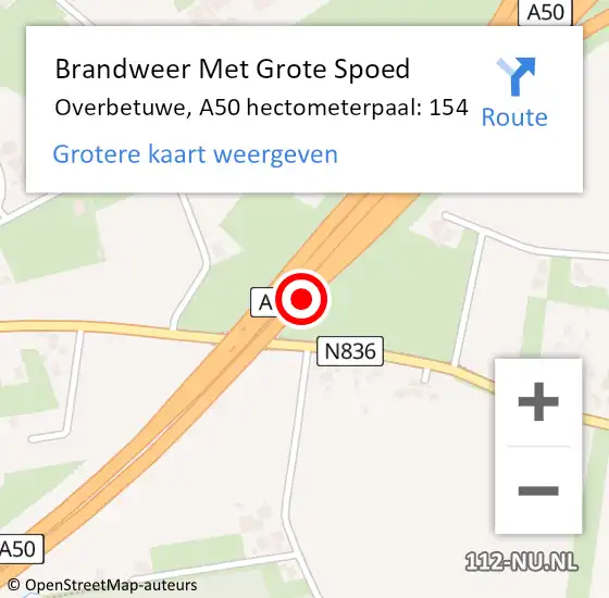 Locatie op kaart van de 112 melding: Brandweer Met Grote Spoed Naar Overbetuwe, A50 hectometerpaal: 154 op 15 november 2022 07:19