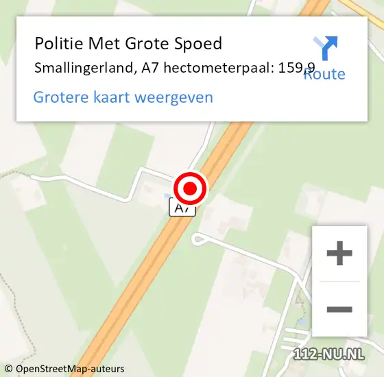 Locatie op kaart van de 112 melding: Politie Met Grote Spoed Naar Smallingerland, A7 hectometerpaal: 159,9 op 15 november 2022 08:01