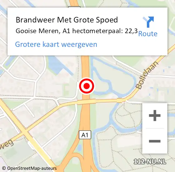 Locatie op kaart van de 112 melding: Brandweer Met Grote Spoed Naar Gooise Meren, A1 hectometerpaal: 22,3 op 15 november 2022 08:05